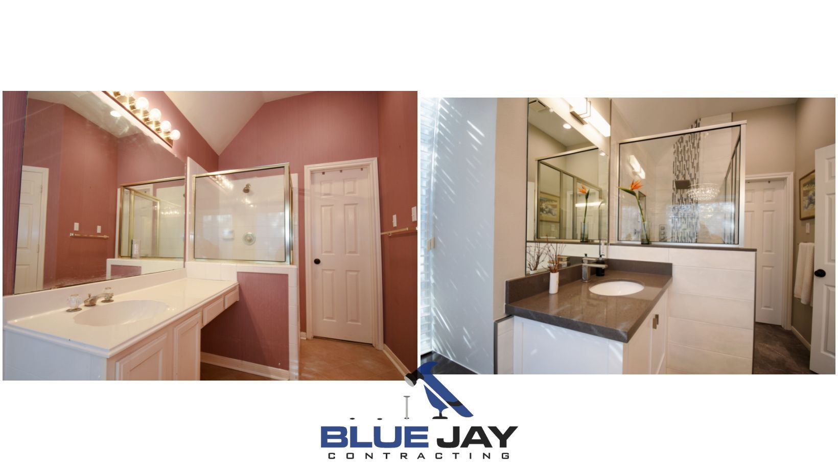 Two bathroom scenes: one with pink walls, the other with light-colored walls.