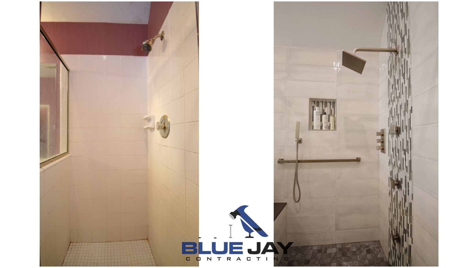 Bathroom remodel comparison. Before: simple shower with white tile. After: modern shower with patterned tile, bench, and safety bar.