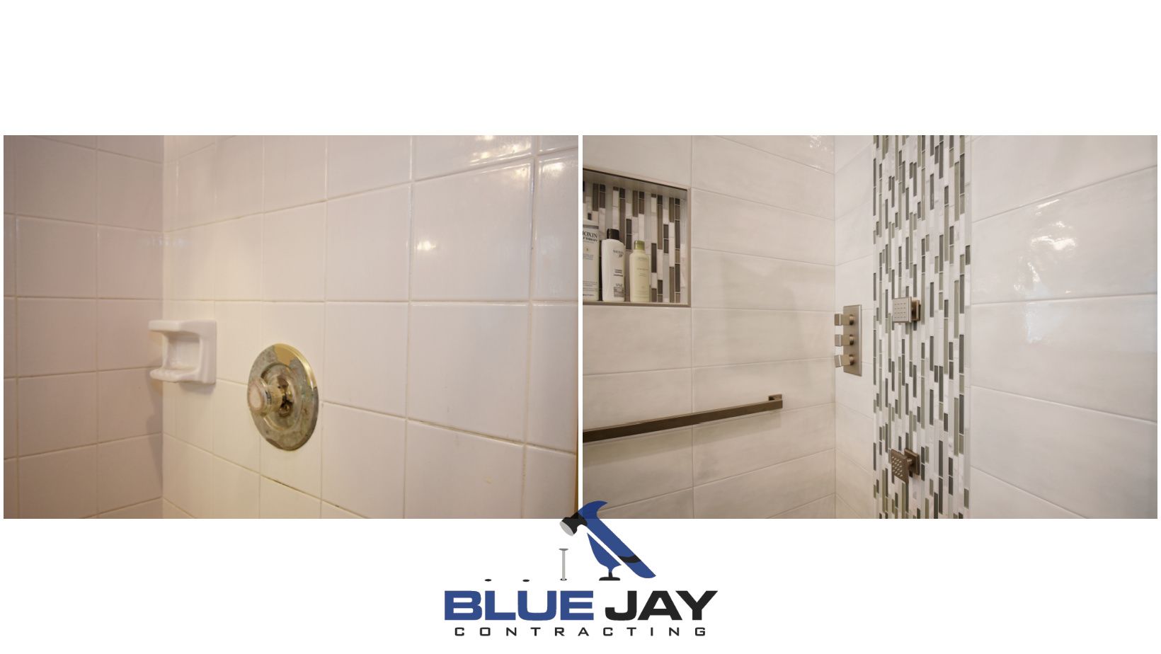 White tiled shower with built-in shelf, grab bar, and decorative strip; Blue Jay Contracting logo.