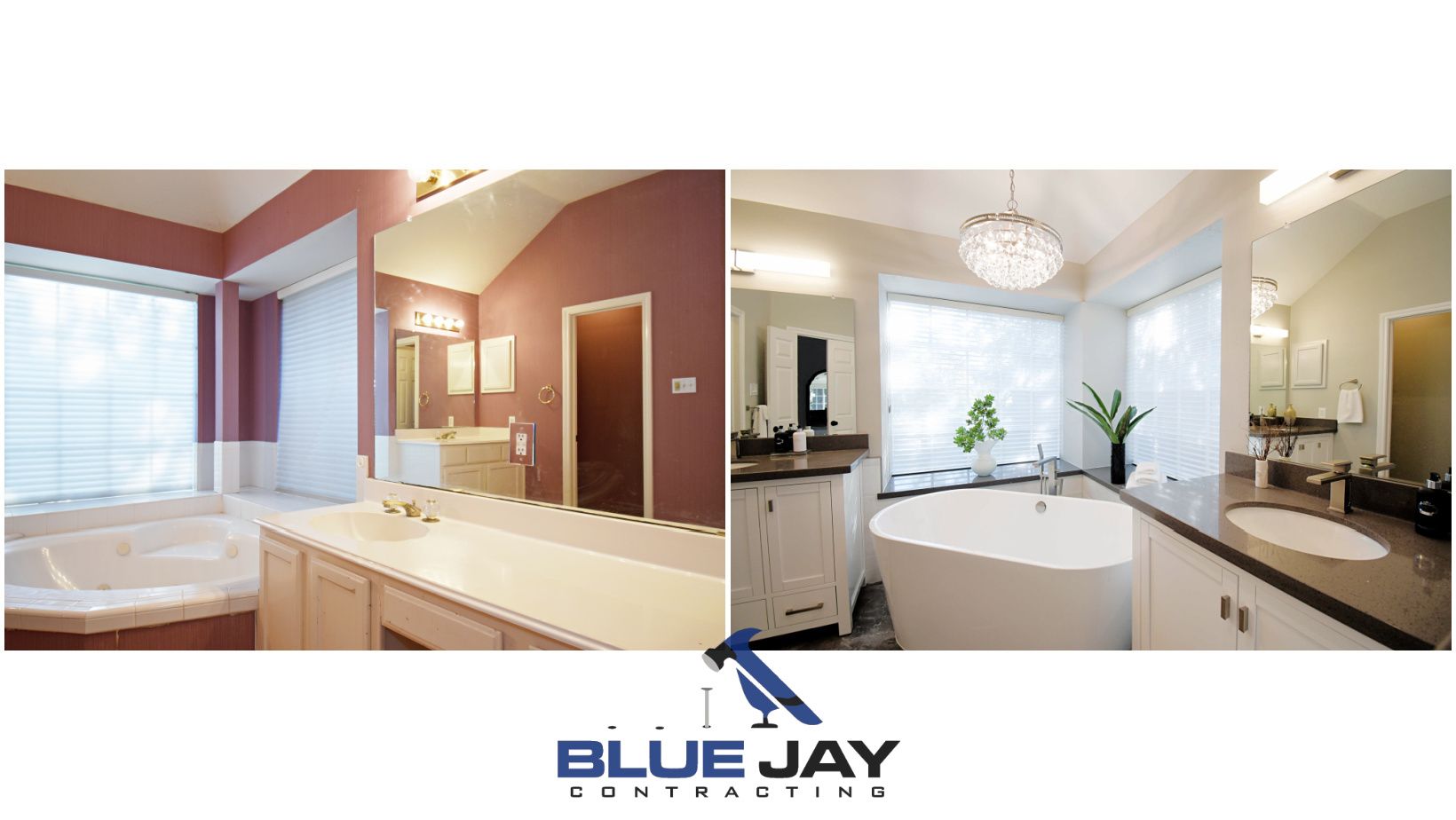 Two bathroom renovations showcasing a before/after comparison. Features different sinks, tubs, and paint colors.
