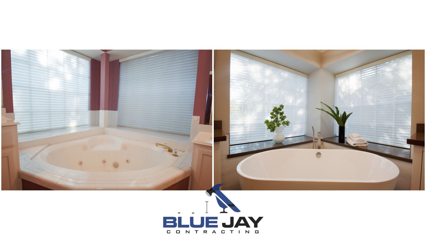 Two bathrooms with corner tubs; one with a built-in tub and the other with a freestanding tub.