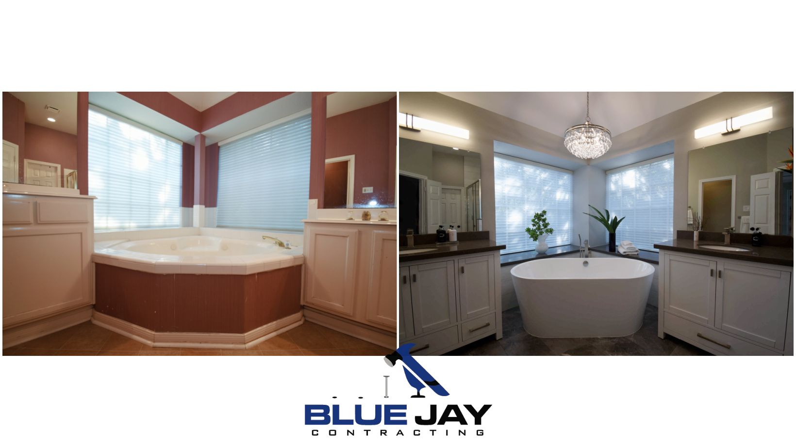 Bathroom before and after renovation, with white cabinets, tub, and window treatments.