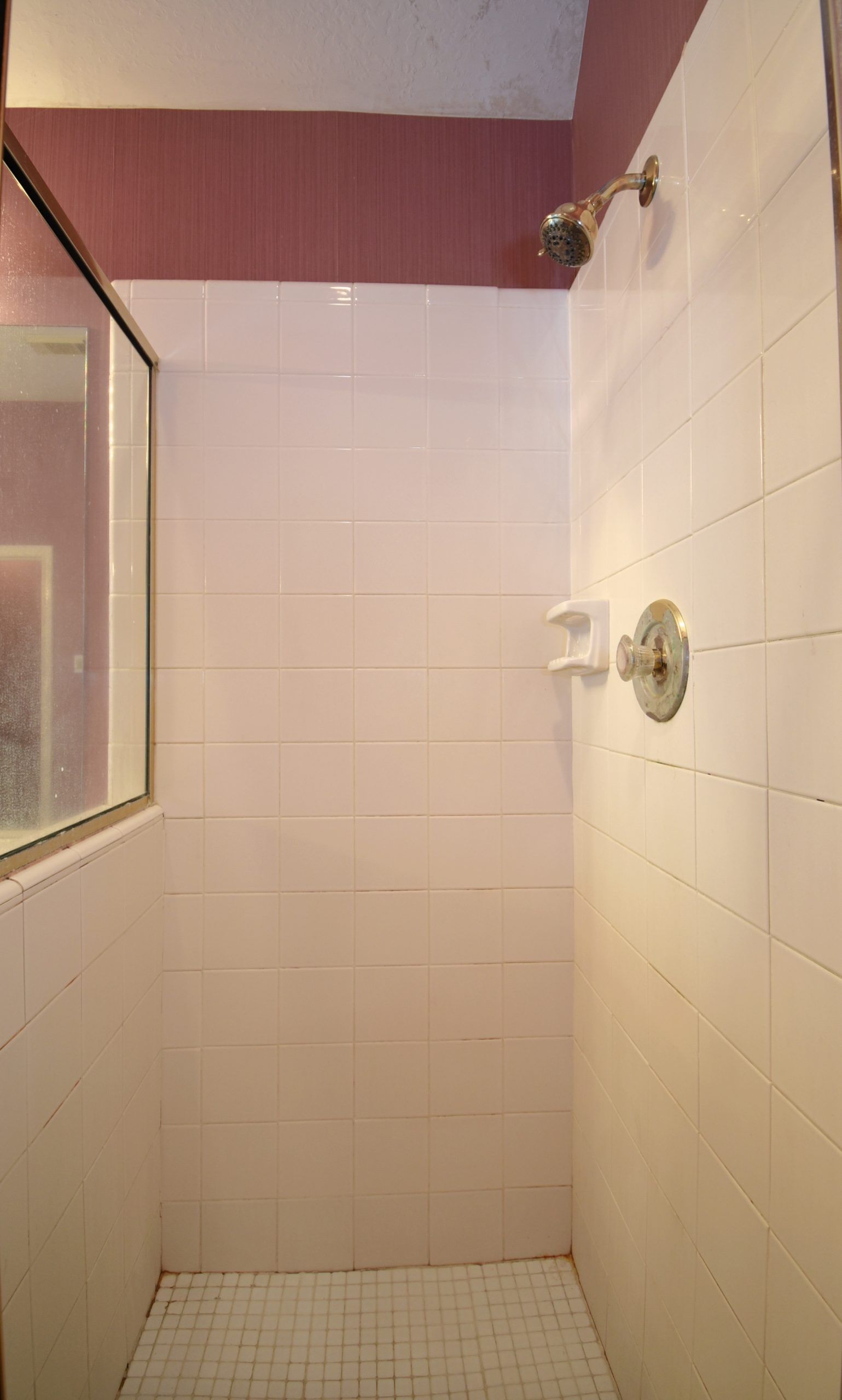 White tiled shower with a glass side panel and pink ceiling.