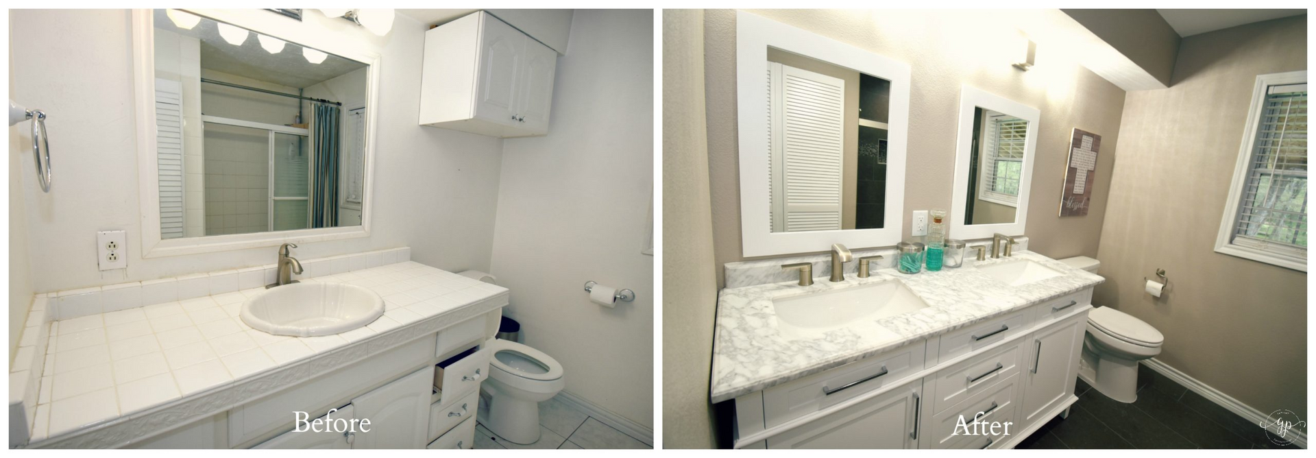 Bathroom before and after renovation. White vanity, toilet, shower on the left. New vanity, toilet, updated walls on right.