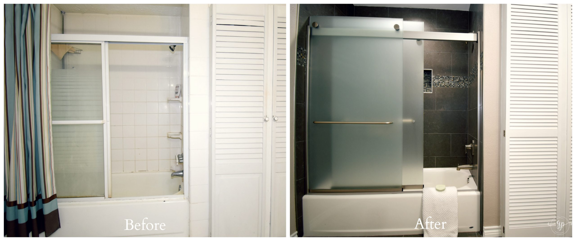 Before and after bathroom renovation showing a curtained shower transformed to a frosted glass door shower.