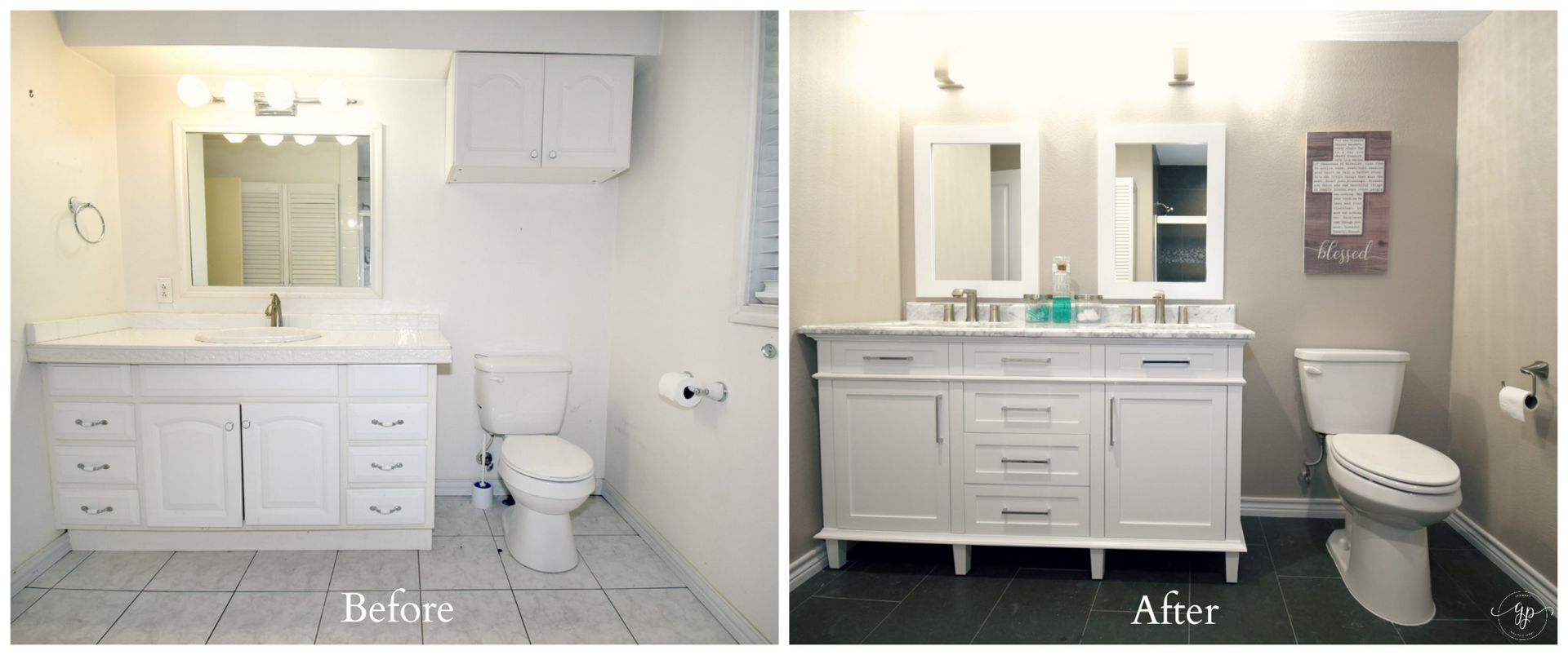 Bathroom renovation: Before/after. White vanity, toilet, mirror, and neutral-colored walls. New dark flooring.