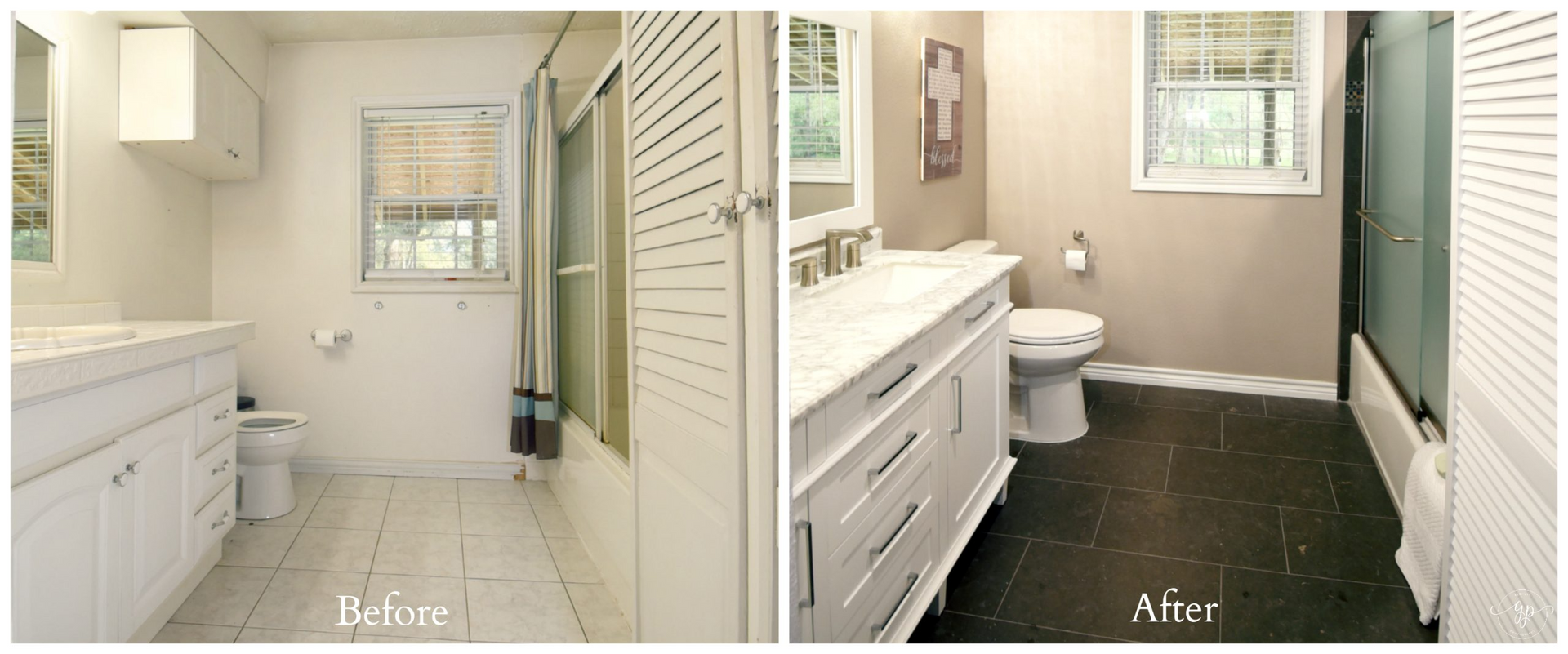 Bathroom renovation: Before and after comparison. White walls, cabinets, and floor. Black floor, new vanity and paint.