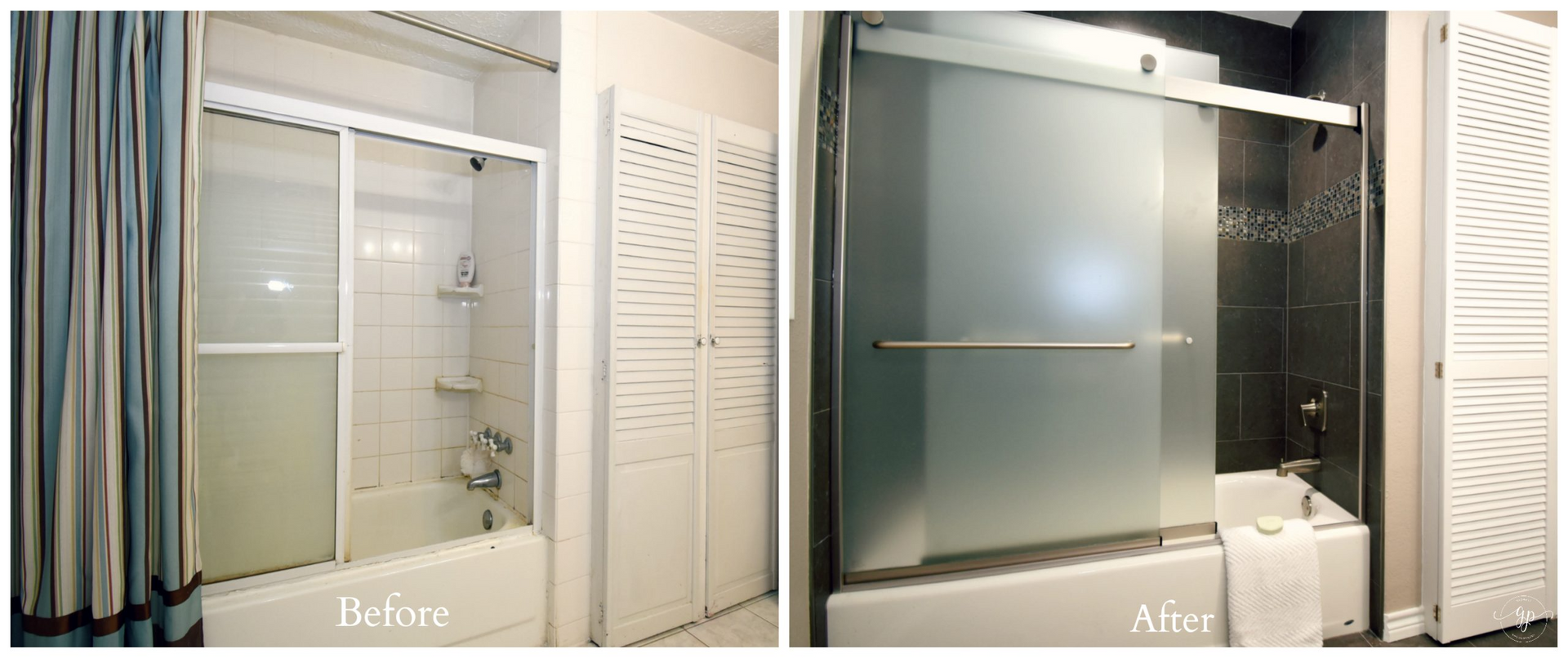 Bathroom before and after remodel with a shower curtain to a frosted glass sliding shower door.