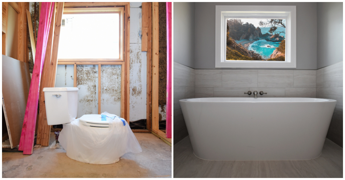 Bathroom before and after renovation. Left: unfinished walls, exposed framing, toilet. Right: finished tub, window with coastal view.
