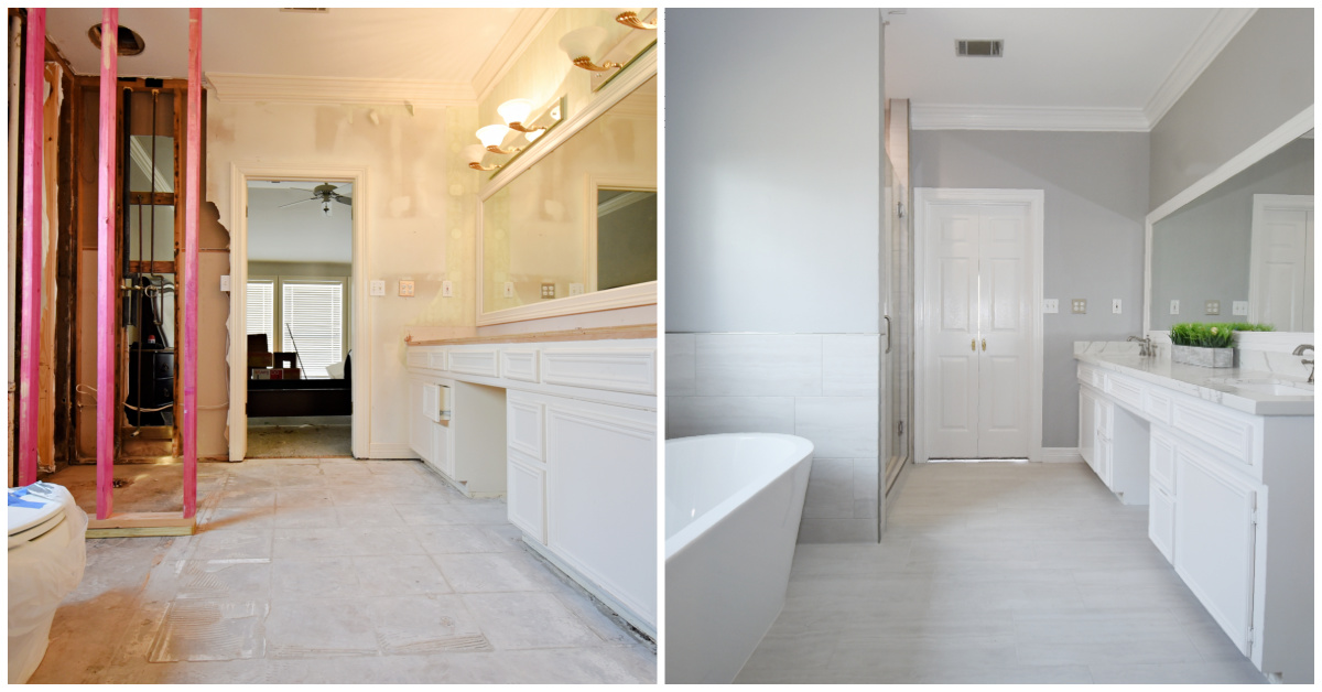 Bathroom undergoing renovation, showing unfinished walls versus finished, modern, light-filled space with tub and double vanity.