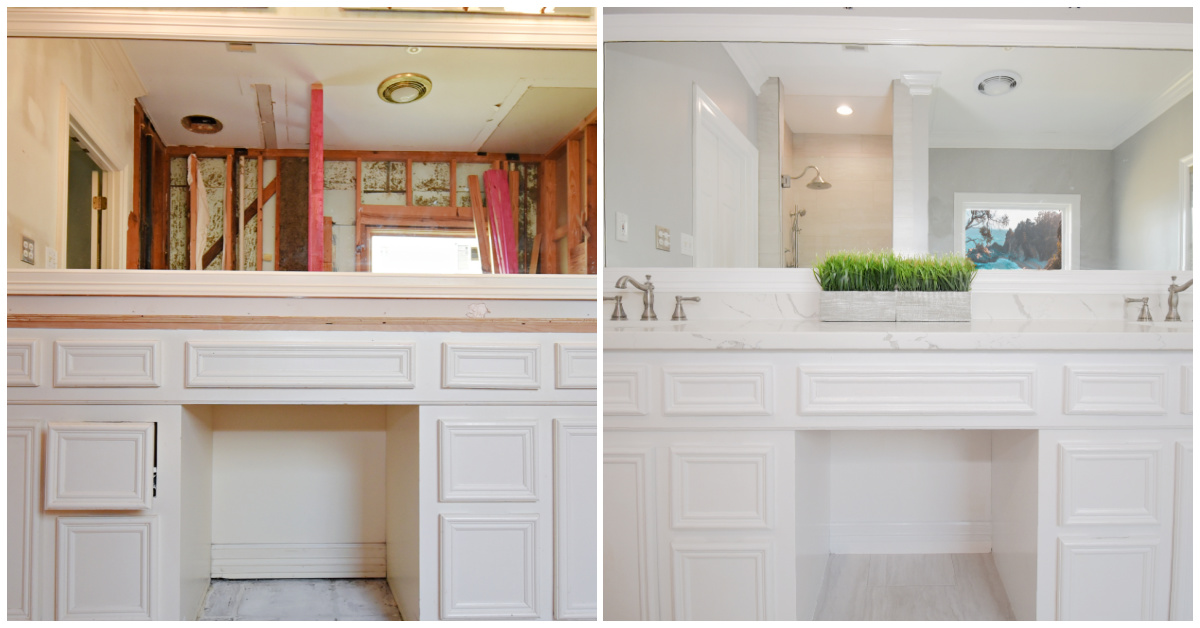 Bathroom renovation: Before and after. White vanity, marble countertop, and large mirror.