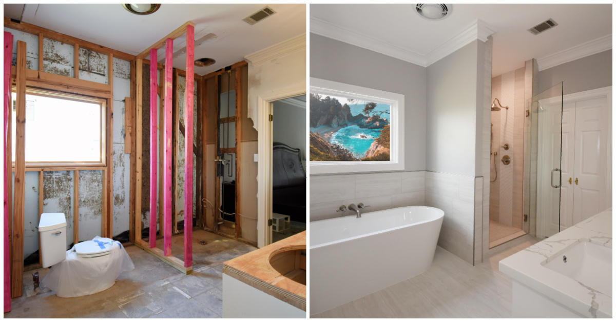 Bathroom renovation before and after: gutted space with studs vs. modern bathroom with tub and shower.