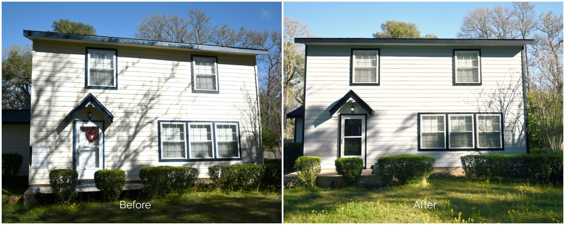 Before and after comparison of a two-story house repainted from white to light gray with black trim.