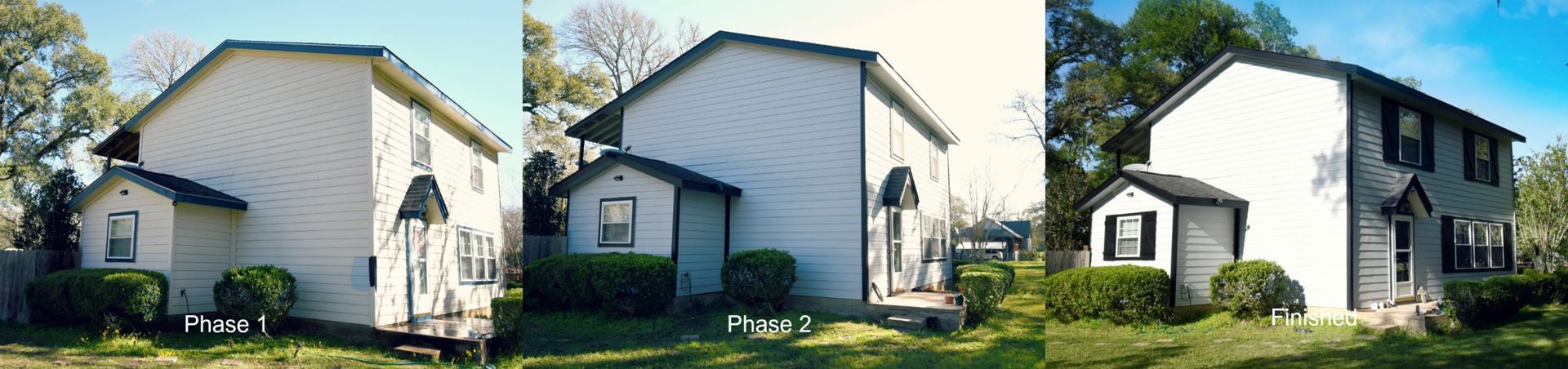 Three views of a light-colored house with a black roof, small attached building, and green landscaping.