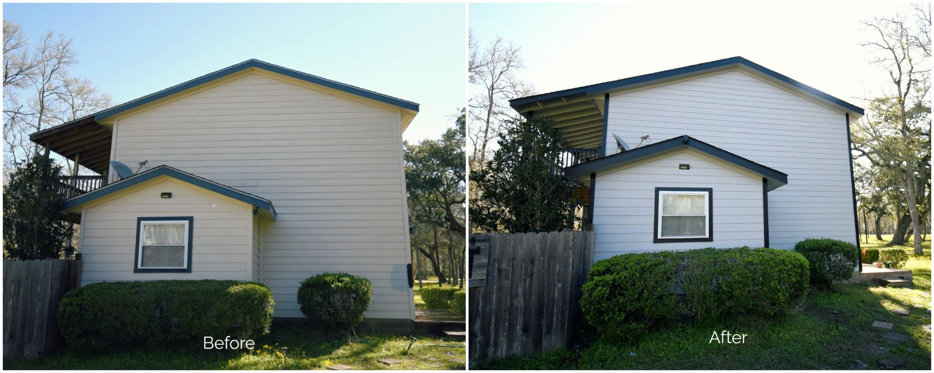 Two-story house exterior before and after a renovation. Green roof, white siding, and small bushes.