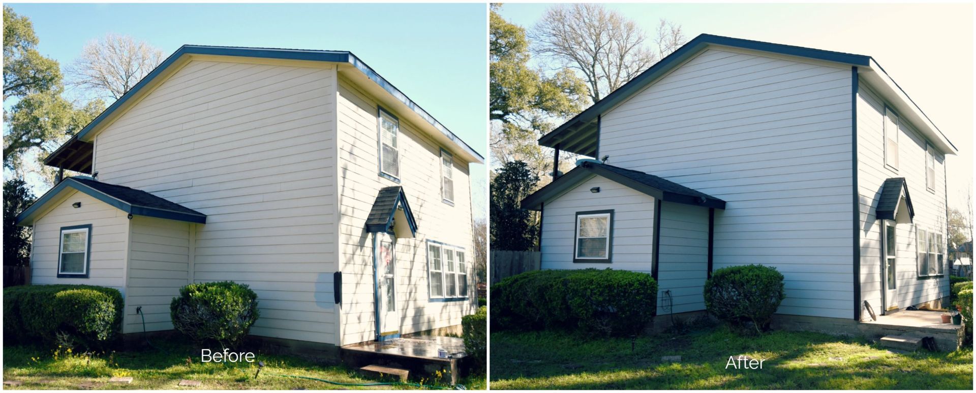 Two-story house with attached small building, surrounded by greenery.