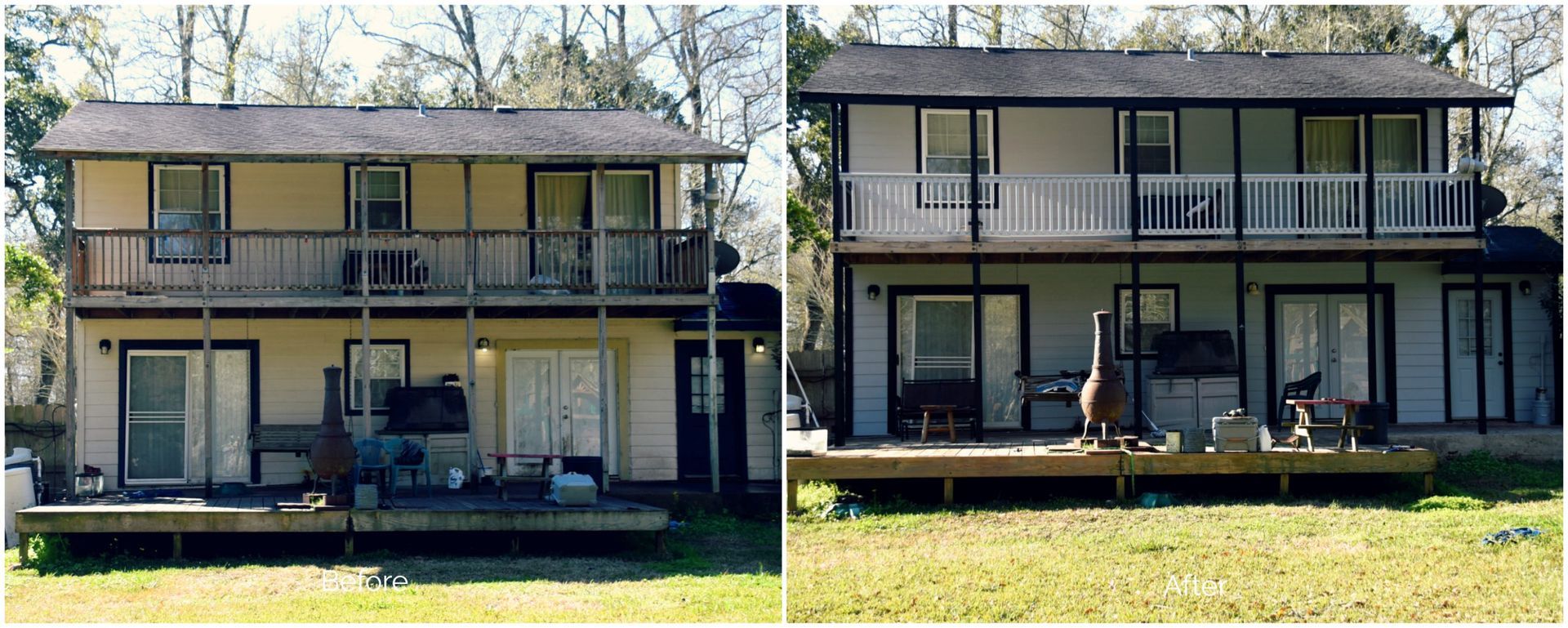 Side-by-side comparison of a two-story building. The right side has white siding and black trim. The left side is a beige color.