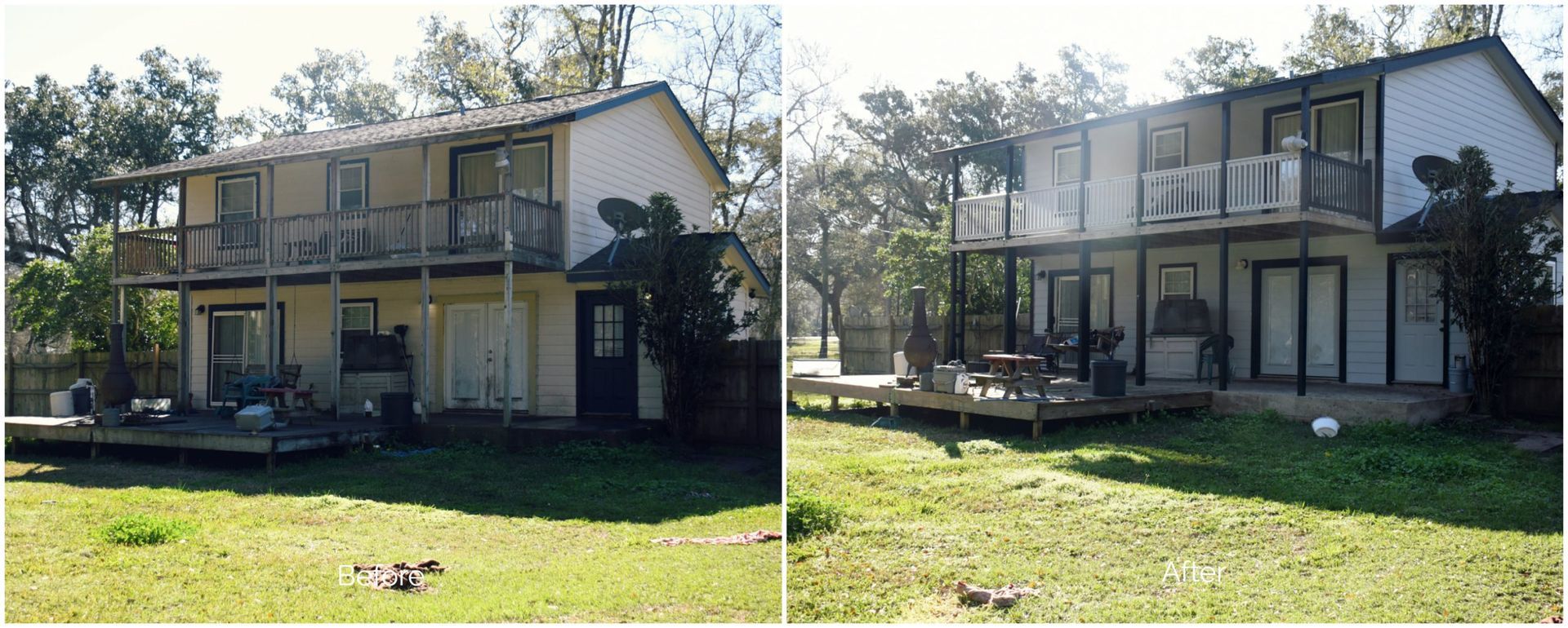Two-story beige house with balconies, surrounded by green grass and trees.