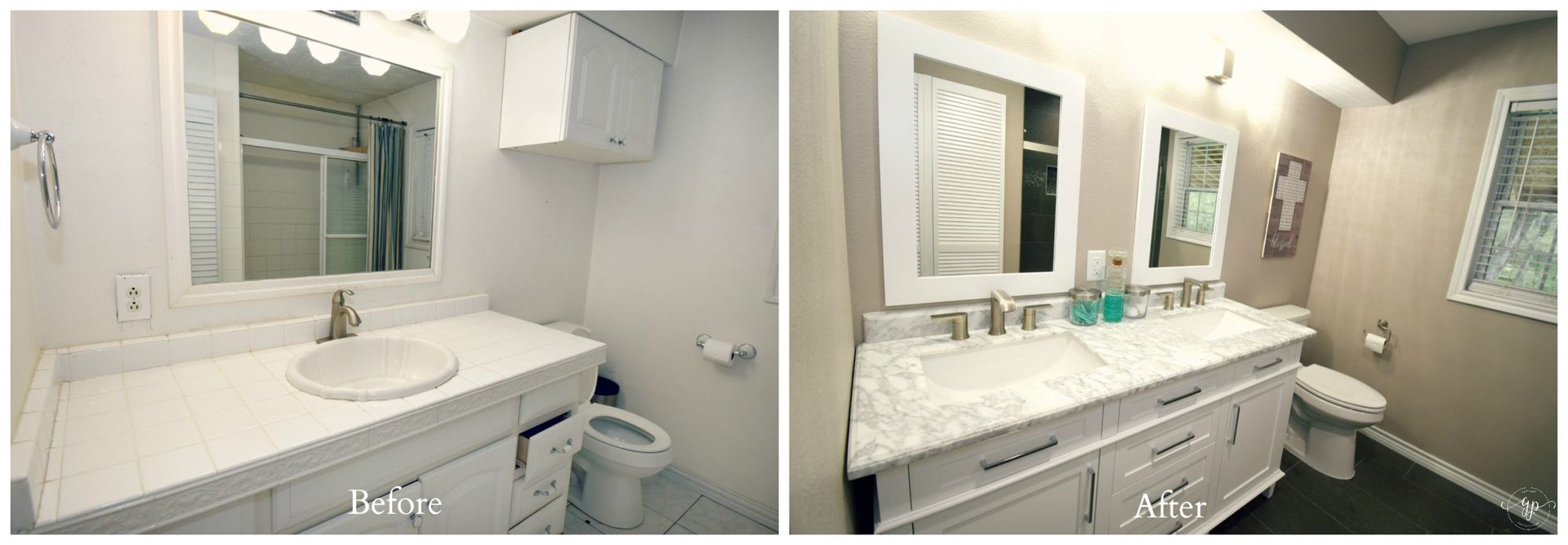 Bathroom renovation showing before and after. White vanity, sink, and toilet; improved lighting, decor, and flooring.