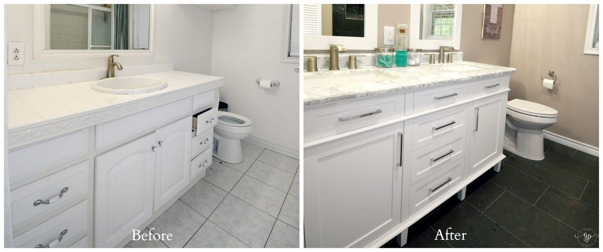 Bathroom remodel: Before and after of a white vanity.  Black floor tiles replace white, with new fixtures and decor.