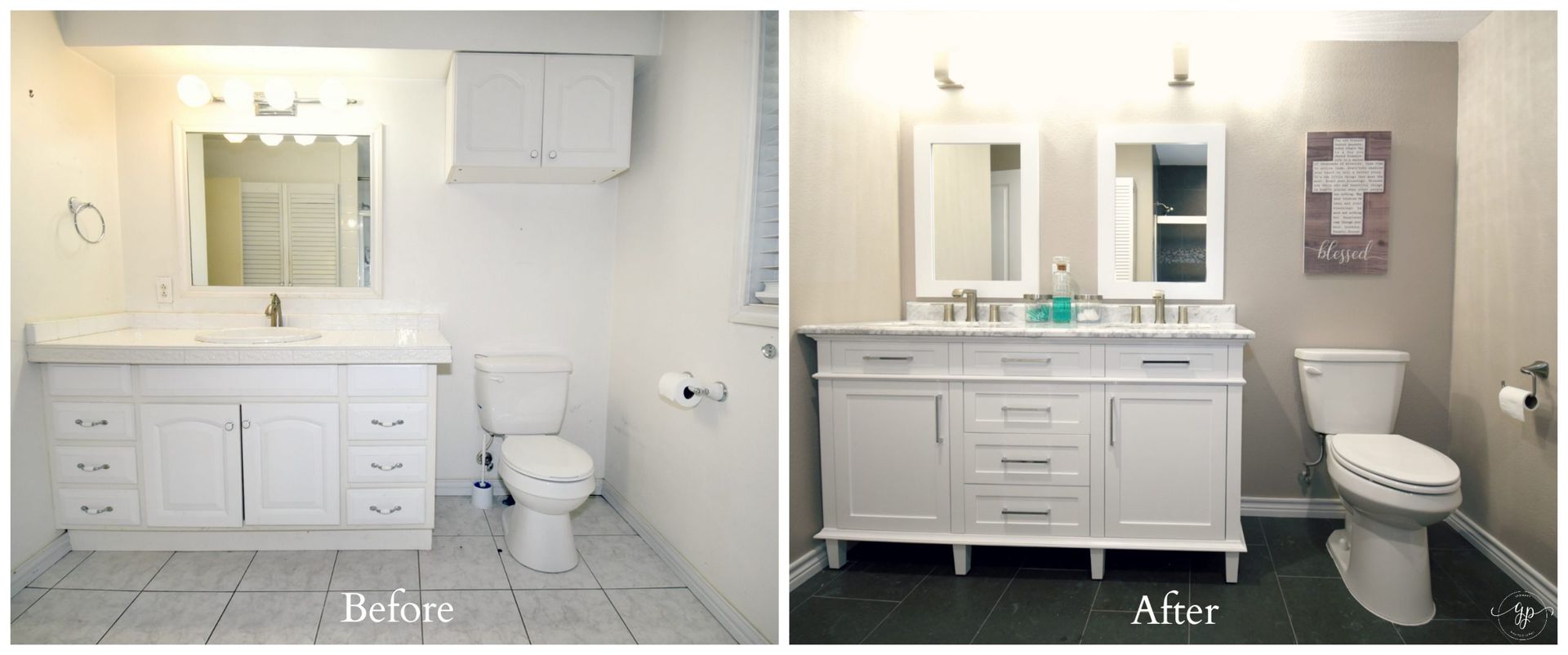 Bathroom before and after renovation: white vanity, toilet, mirrors. Dark floor in the after photo.