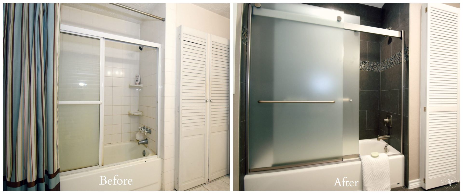 Before and after bathroom remodel: shower with curtain replaced by glass door.