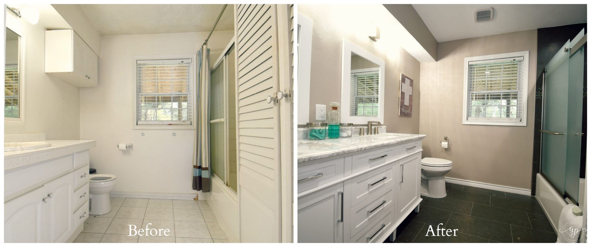 Bathroom renovation: before and after. White cabinets, window, and tile. The after has darker colors.