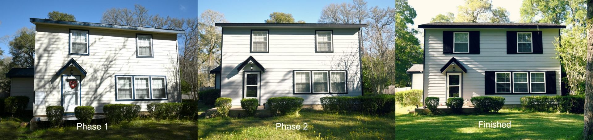 Three white two-story houses with varying shutter and door styles, surrounded by greenery, in a row.