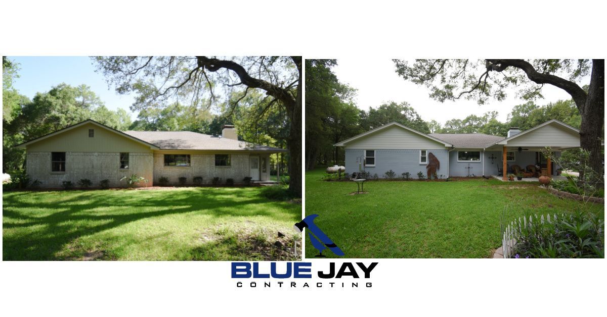 Before and after of a house exterior; faded siding before, light blue siding after with a covered patio.