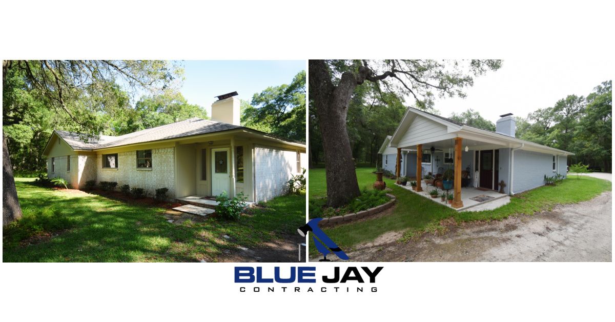 Before and after photos of a house renovation. The exterior is painted white and has a porch with wooden columns.