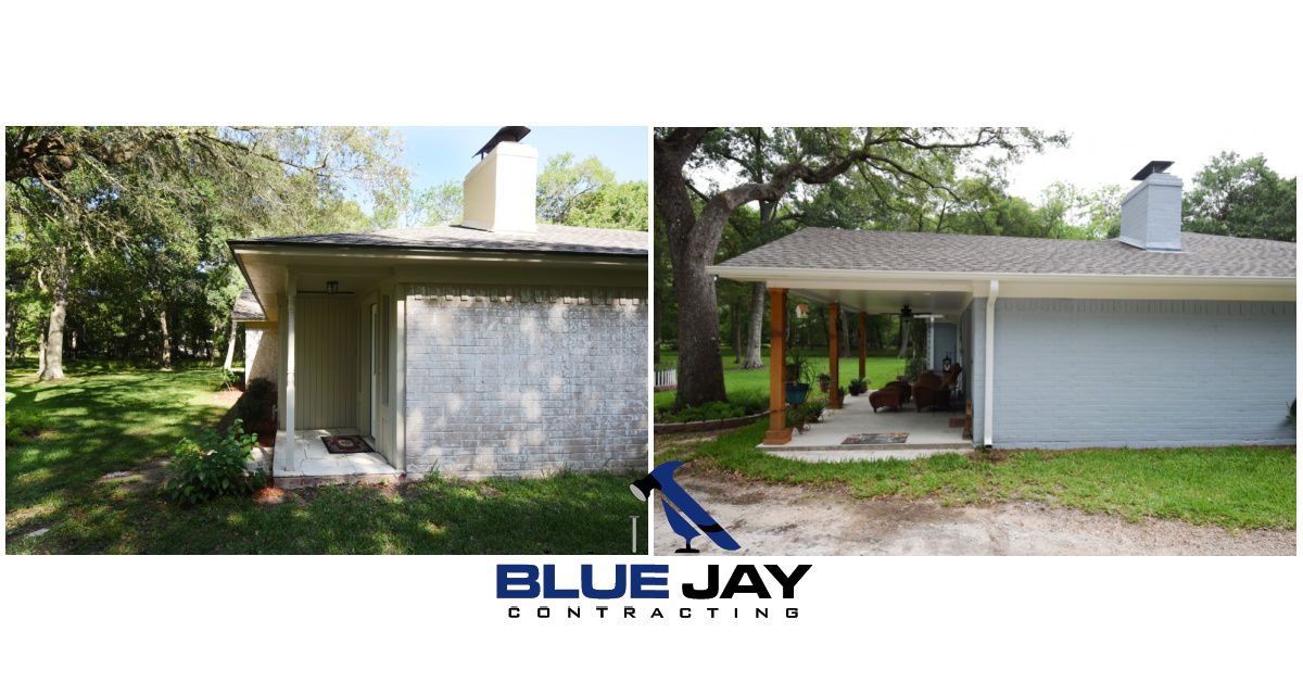 Before and after photos of a house exterior renovation; light blue siding, new porch, and landscaping.