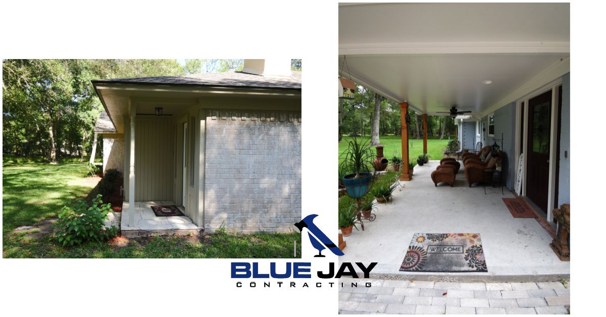 Exterior view: Before and after of a home with a concrete block structure, overgrown foliage, and then a long, covered porch.
