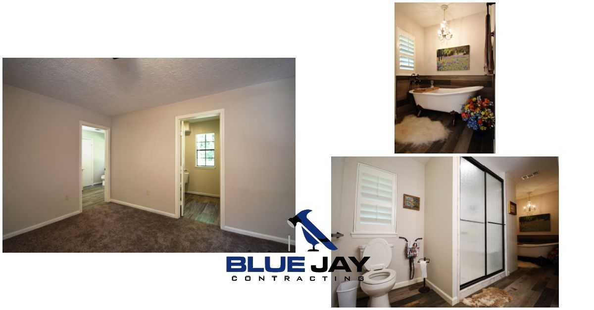 Three-panel showing rooms: hallway, bathroom with clawfoot tub, and bathroom with shower stall; 