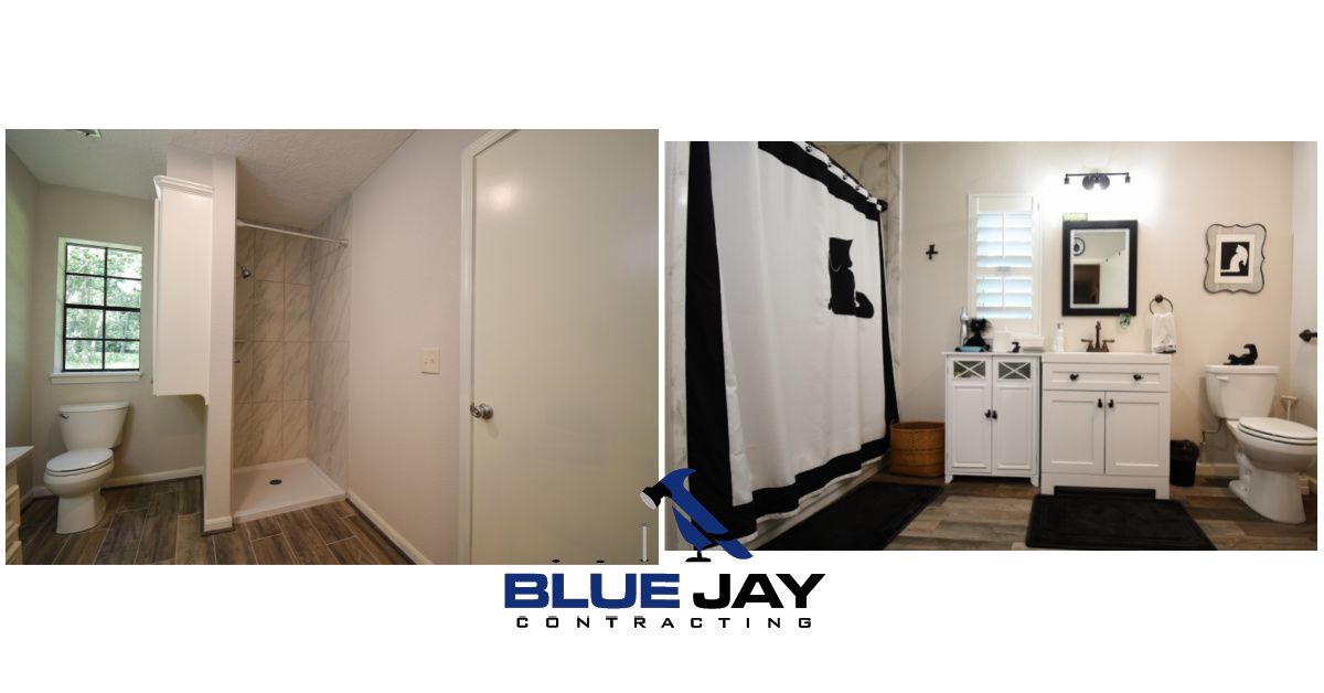 Two photos: bathroom before/after renovation with white cabinets, black accents, and a shower.