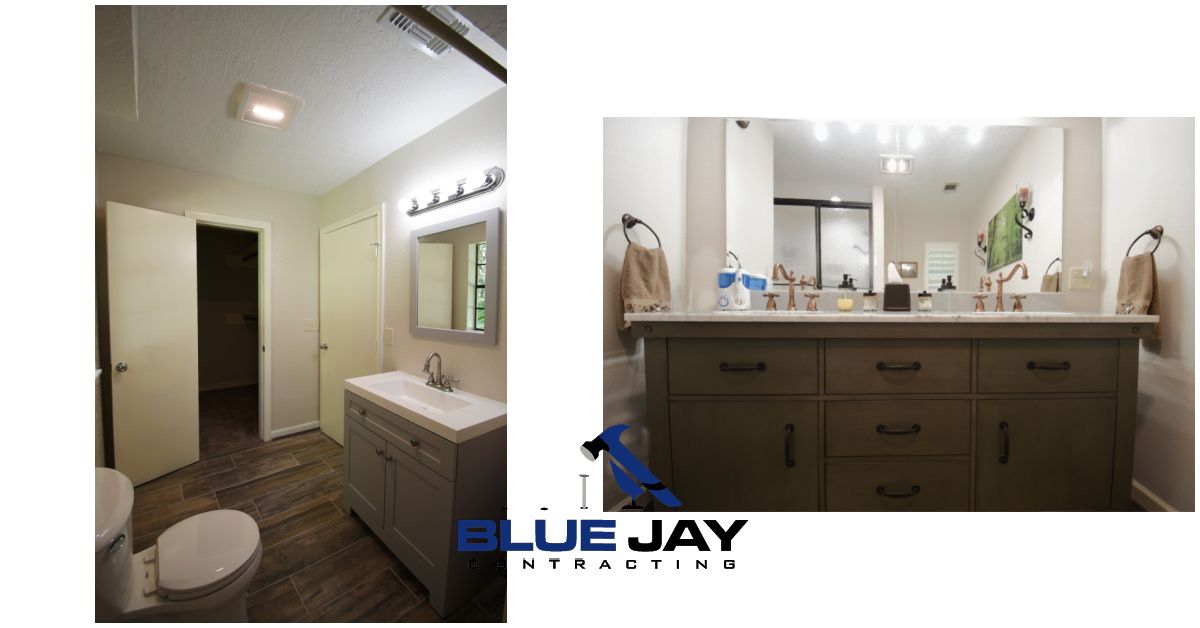 Bathroom renovation: Before and after shots. Old, basic bathroom with new, stylish double vanity.