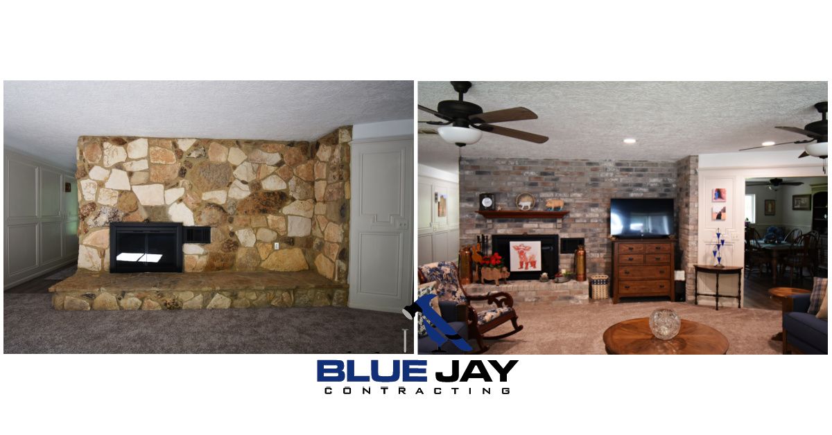 Before and after of fireplace renovation: stone to gray brick, new mantle, and furniture.