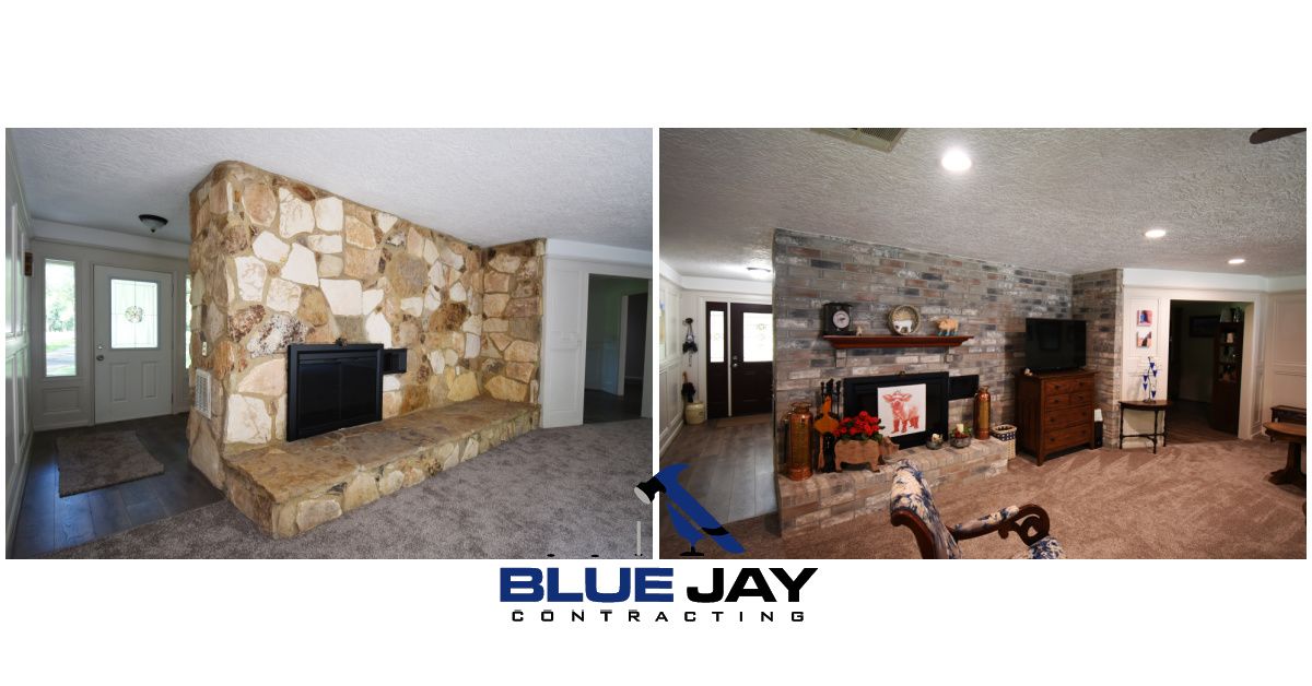 Before and after of a stone fireplace, showing a home renovation with a living room.