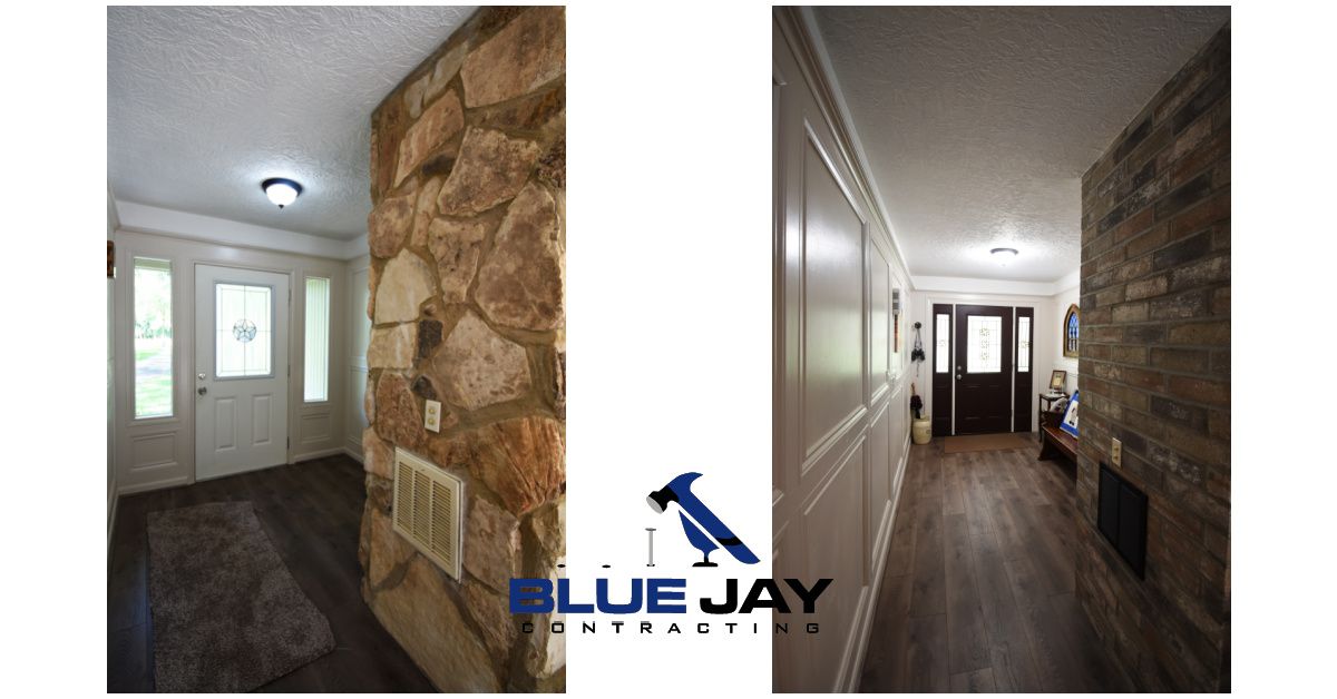 Two home entryways with stone accent wall, one with a light door, one with a dark door.