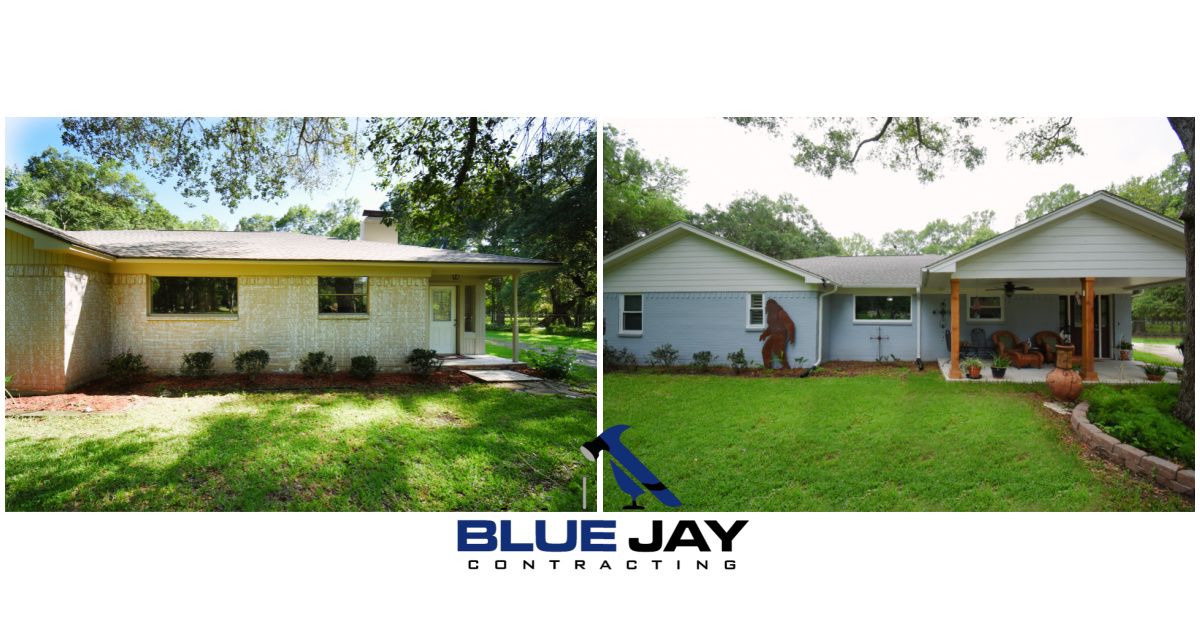 Before and after of a house renovation: white to blue exterior, extended porch with new supports.