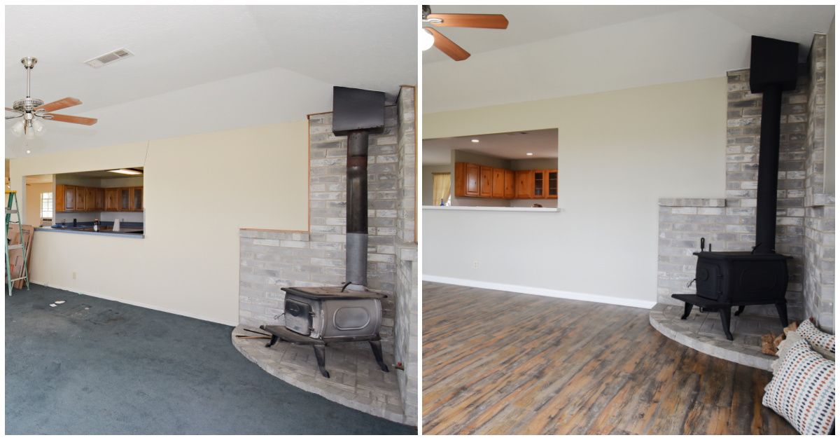 A living room before and after renovation: blue carpet to wood flooring, fireplace detail.