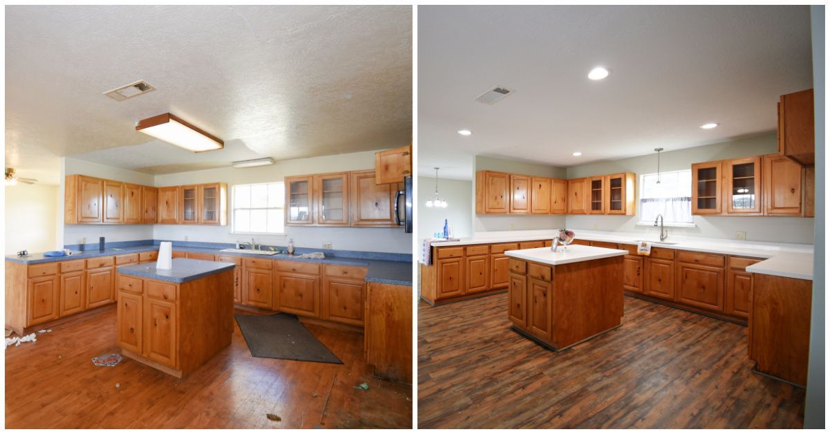 Before and after photos of a kitchen remodel with new countertops, flooring, and lighting.
