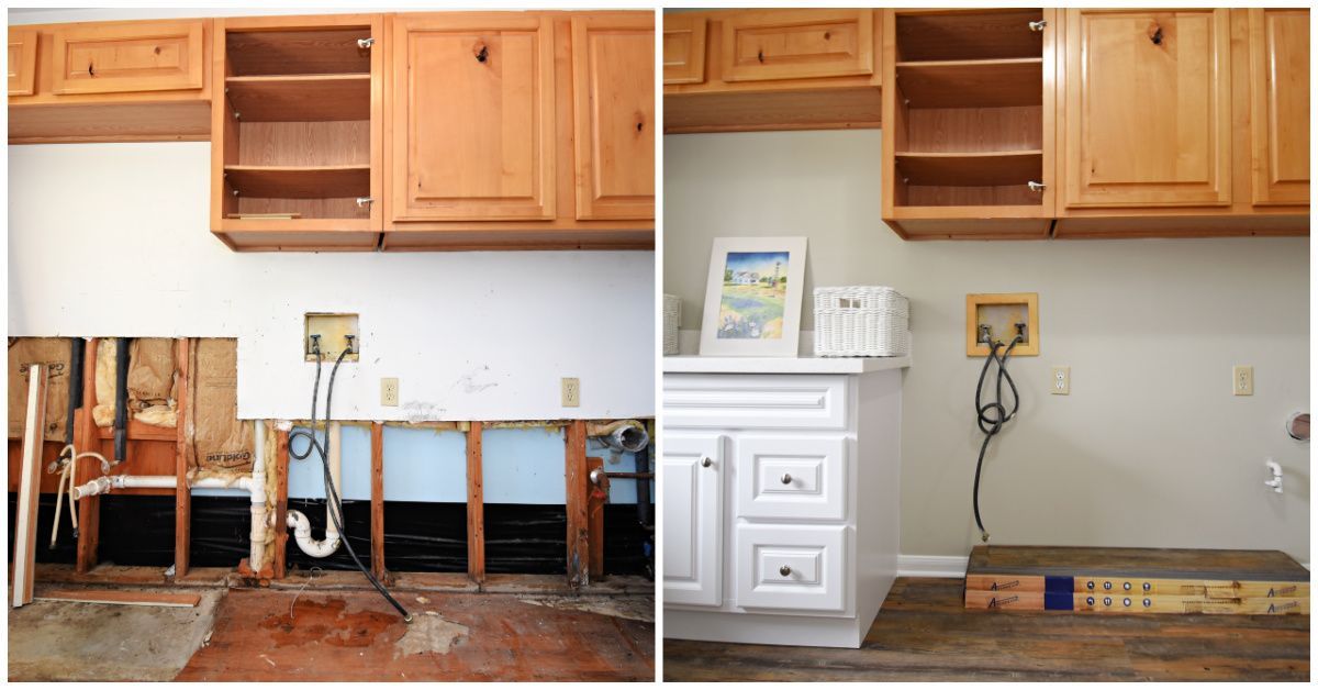 Before-and-after of a laundry room remodel: exposed studs to a finished space with white cabinets and light green walls.