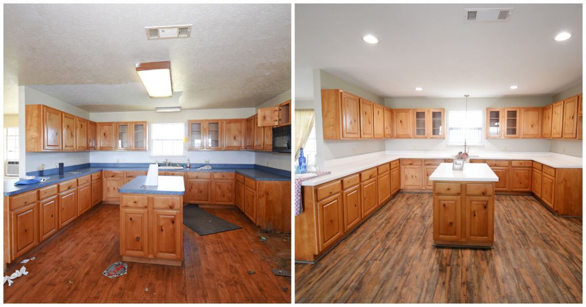 Before and after of a kitchen remodel: Light wood cabinets, blue counters, and worn floors become white counters and new flooring.