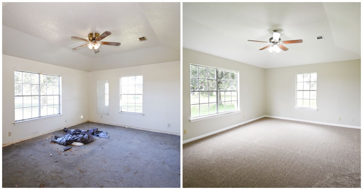 Before and after of a room with a ceiling fan and windows. The 