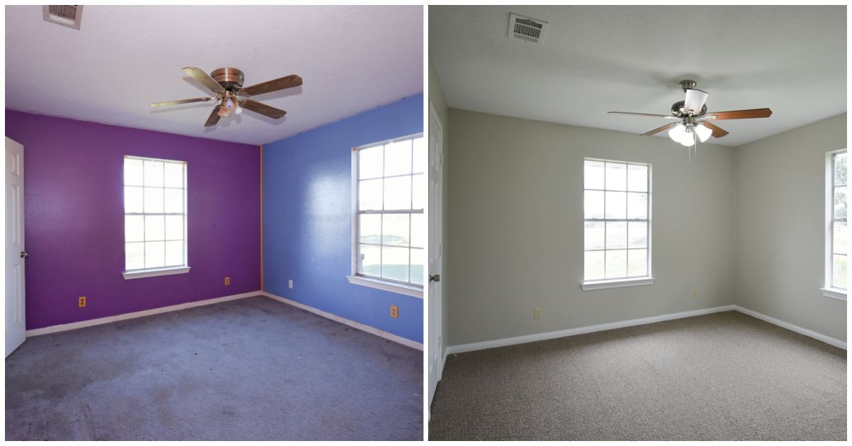 Two bedrooms with ceiling fans and windows. One with purple and blue walls, the other with gray walls.