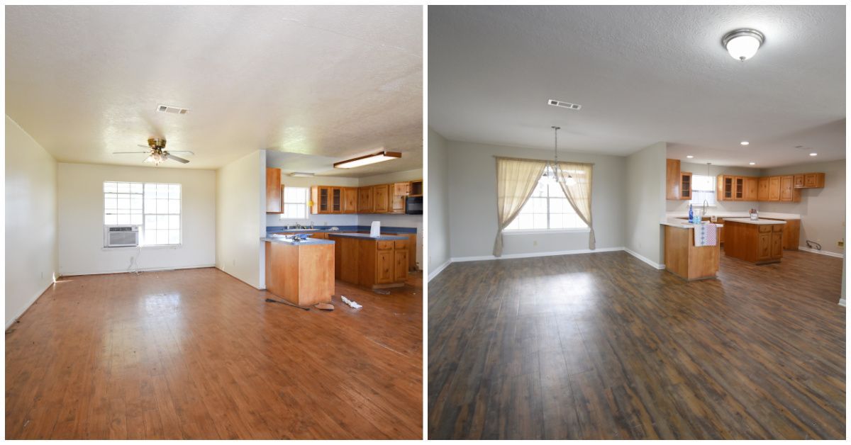 Before and after photos of a kitchen renovation, showing changes in flooring, paint, and lighting.