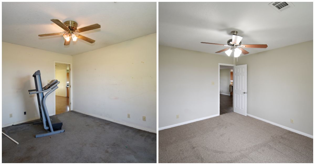 Two empty rooms with ceiling fans, carpet, and doors. One has a treadmill.