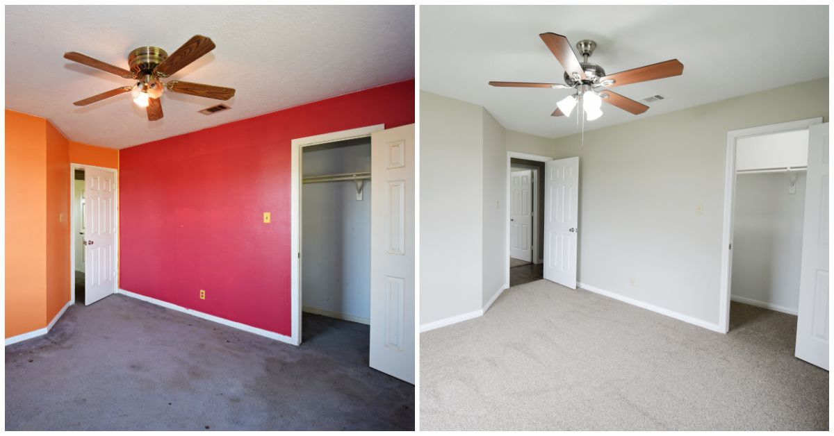 Two bedrooms side-by-side, one with orange and red walls, the other with neutral walls; both have fan and closet.