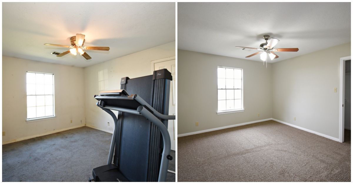 Two photos of a room: one with a treadmill, one empty. Both have a ceiling fan, window, and carpet.