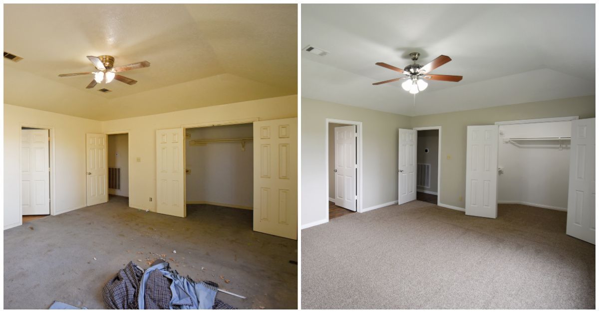 Two photos of a bedroom with white walls, closet doors, and ceiling fan.  Left room has beige carpet, right room has brown carpet.